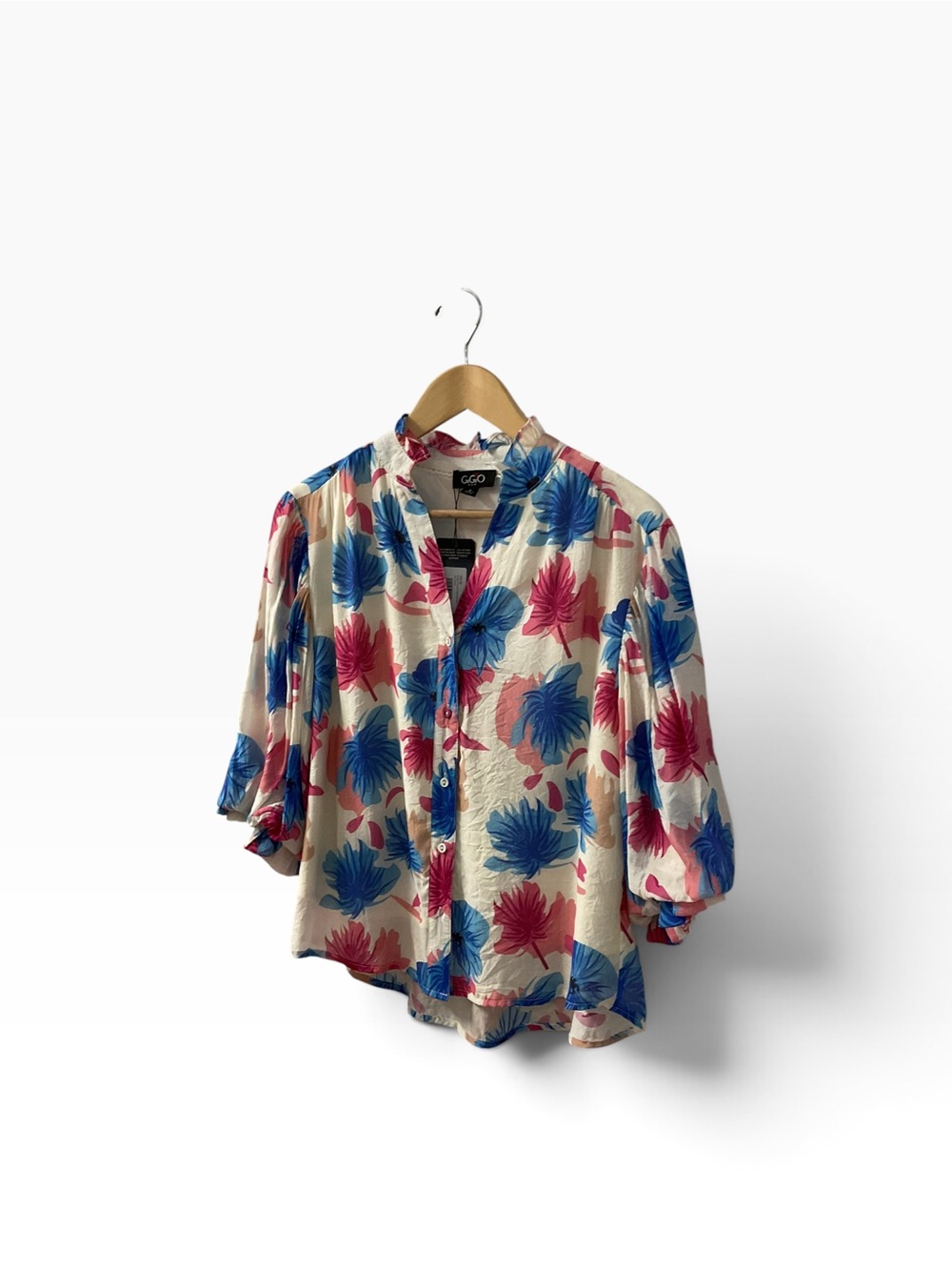 Gigio Floral Print Button-Up Shirt - Cream with Blue & Pink